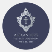 Jongen Eerste Communie Navy Blue  Cross Crest Ronde Sticker (Voorkant)