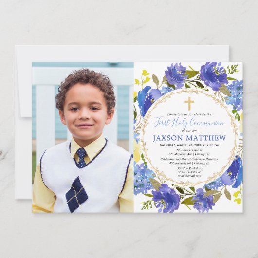 Jongen eerste Heilige Commune blauwe gele bloem Kaart (Voorkant)