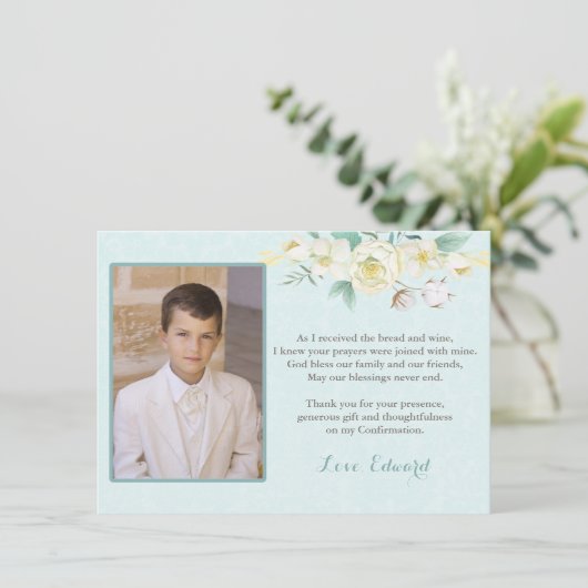 Jongen eerste Heilige Communie Dank je kaart met f (Staand voorkant)