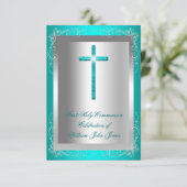 Jongen, eerste Heilige Communie, Silver Jade Blauw Kaart (Staand voorkant)