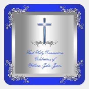 Jongen Eerste Heilige Communie Zilver Koningsblauw Vierkante Sticker
