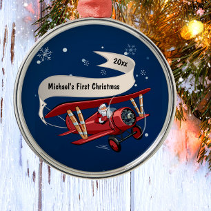 Jongen Eerste Kerstman Vliegtuig Gepersonaliseerd Metalen Ornament