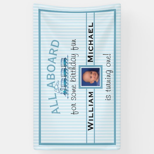 Jongen Eerste Verjaardag Blauwe Treinen Spandoek (Verticaal)