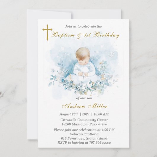 Jongen eerste verjaardag en doop kaart (Voorkant)