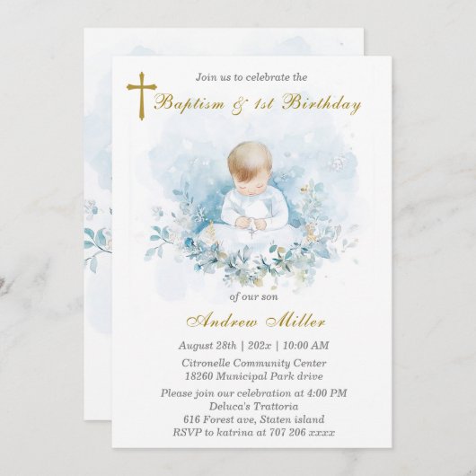 Jongen eerste verjaardag en doop kaart (Voorkant / Achterkant)