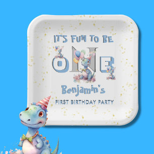 Jongen Eerste Verjaardag Plezier Een Dinosaurus Papieren Bordje