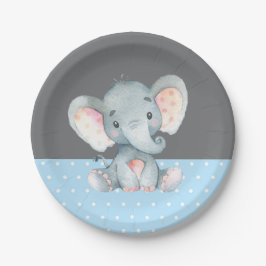 Jongen Elephant Baby shower Blue en Grey Papieren Bordje