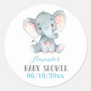 Jongen Elephant Baby shower Blue en Grey Ronde Sticker