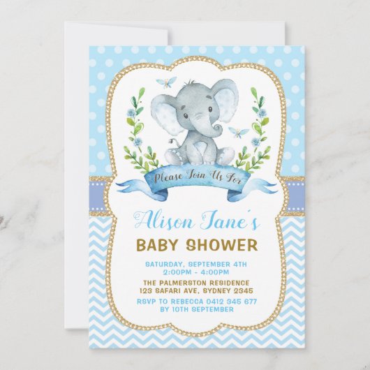 Jongen Elephant Baby shower Blue & Gold Invite Kaart (Voorkant)