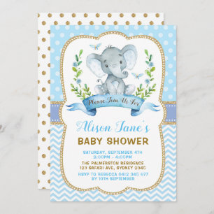 Jongen Elephant Baby shower Blue & Gold Invite Kaart