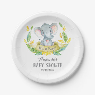 Jongen Elephant Baby shower Geel en grijs Papieren Bordje