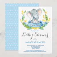 Jongen Elephant Baby shower Invitation Blue en Gre