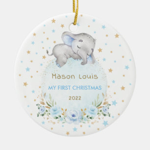 Jongen Elephant Blue Gold Stars Baby 1 kerst Keramisch Ornament
