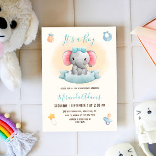 Jongen Elephant Blue Waterverf Baby shower Kaart