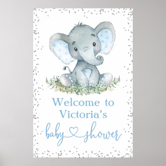 Jongen Elephant Glitter Baby shower Welkomstteken Poster (Voorkant)