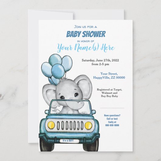 Jongen Elephant in Baby shower Uitnodiging auto (Voorkant)