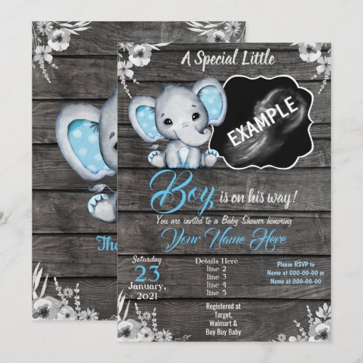 Jongen Elephant Ultrasound Photo Invitation Blue Kaart (Voorkant / Achterkant)