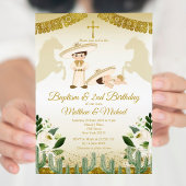 Jongen en Baby Wit en Goud 2e Verjaardag & Doop Kaart