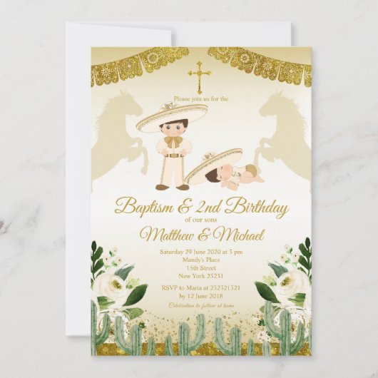 Jongen en Baby Wit en Goud 2e Verjaardag & Doop Kaart (Voorkant)