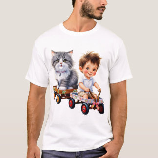 Jongen en kat bovenop het T-shirt van de auto