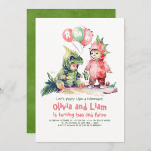 Jongen en Meisje Dinosaurus Gezamenlijke Uitnodigi Kaart