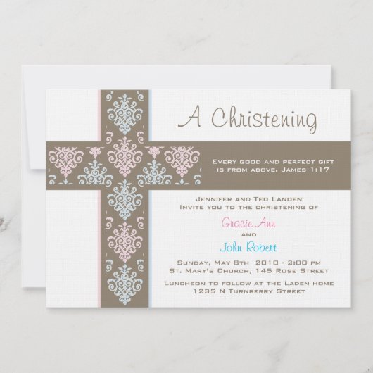 Jongen en meisje Twin Christening Uitnodiging (Voorkant)