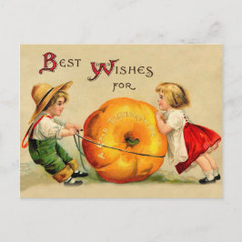 Jongen en meisjes met Big Thanksgiving Pumpkin Briefkaart