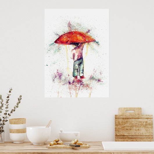 Jongen en paraplu regen aquarel decor poster (Keuken)