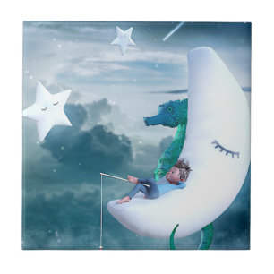 Jongen en zeepaardje Vist op de maan Tegeltje
