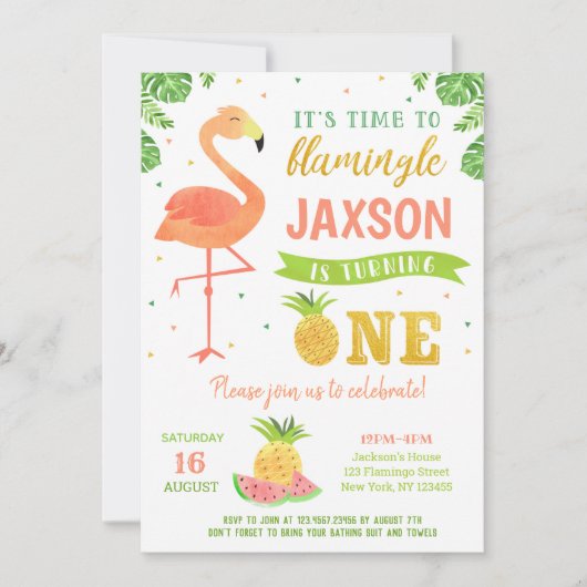 Jongen Flamingo Luau Eerste eerste uitnodiging op  (Voorkant)