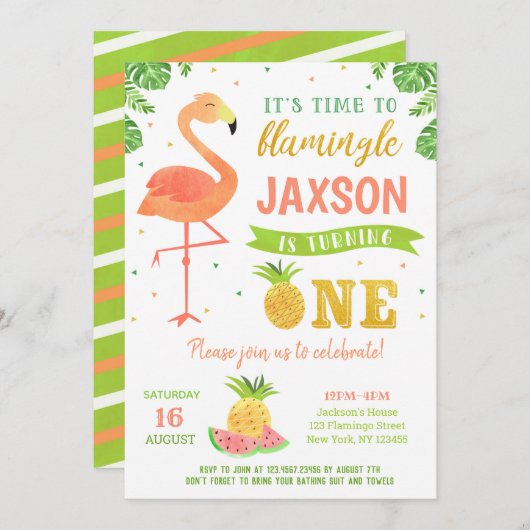 Jongen Flamingo Luau Eerste eerste uitnodiging op (Voorkant / Achterkant)