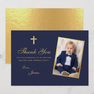Jongen Foto Doop Nep Goud Folie Marineblauw Schrif Bedankkaart