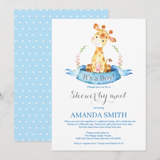 Jongen Giraffe Baby shower door Mail Invitation Kaart (Voorkant / Achterkant)