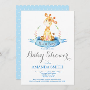 Jongen Giraffe Baby shower Uitnodiging blauw en gr