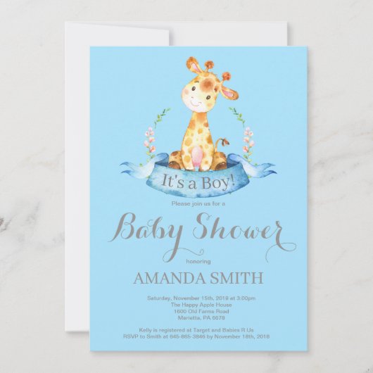 Jongen Giraffe Baby shower Uitnodiging blauw en gr (Voorkant)