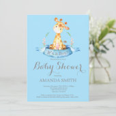 Jongen Giraffe Baby shower Uitnodiging blauw en gr (Staand voorkant)