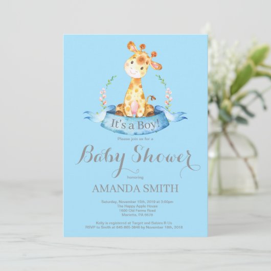 Jongen Giraffe Baby shower Uitnodiging blauw en gr (Staand voorkant)