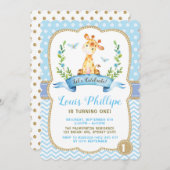 Jongen Giraffe Birthday Invitation Blue & Gold Par Kaart (Voorkant / Achterkant)