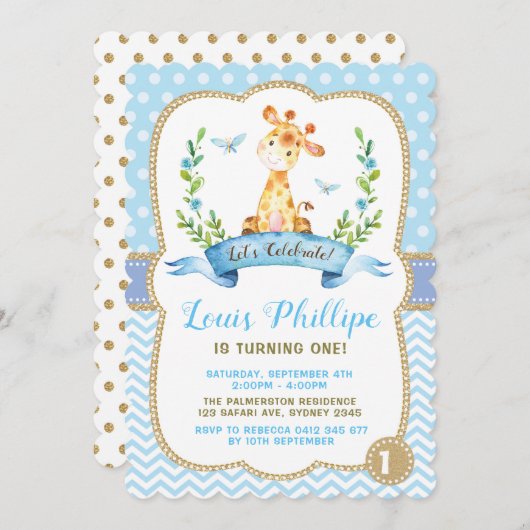 Jongen Giraffe Birthday Invitation Blue & Gold Par Kaart (Voorkant / Achterkant)