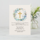 Jongen Gold Cross Blue Floral Religieuze Baptisme Kaart (Staand voorkant)