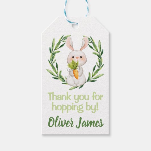 Jongen Green First Birthday Easter Waterverf Bunny Cadeaulabel (Voorkant)