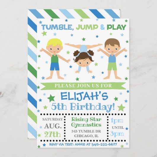 Jongen Gymnastiek Uitnodiging | Gymnastiek Birthda (Voorkant / Achterkant)