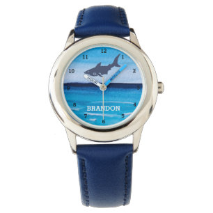 Jongen Haai Oceaan Vis Schattig Modern Blauw Kinde Horloge