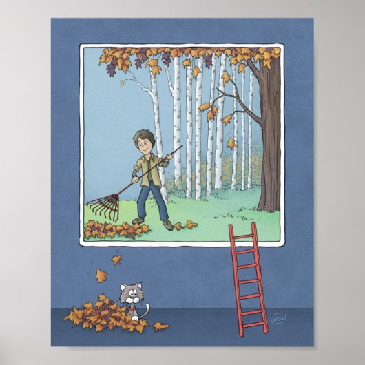 Jongen harkt bladeren Poster (Voorkant)