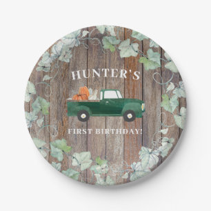 Jongen Herfst Birthday Green Truck en Pumpkins Papieren Bordje