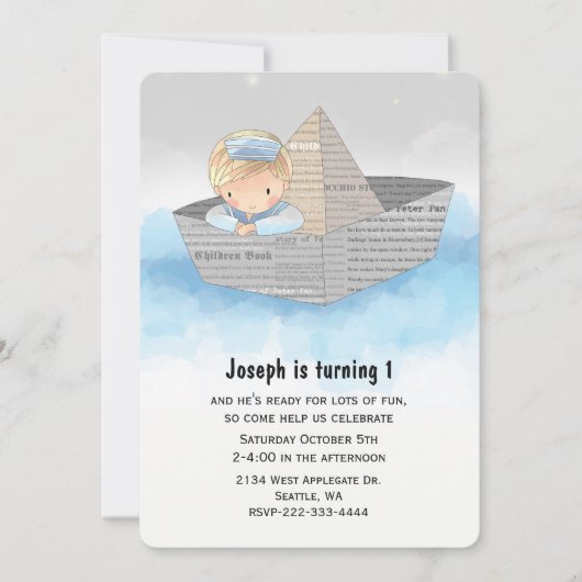 Jongen in Boot Babys Eerste Verjaardag Uitnodiging (Voorkant)