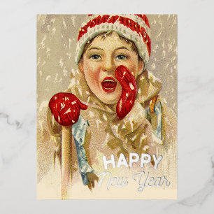 jongen in de sneeuw - nieuwjaar folie feestdagen briefkaart