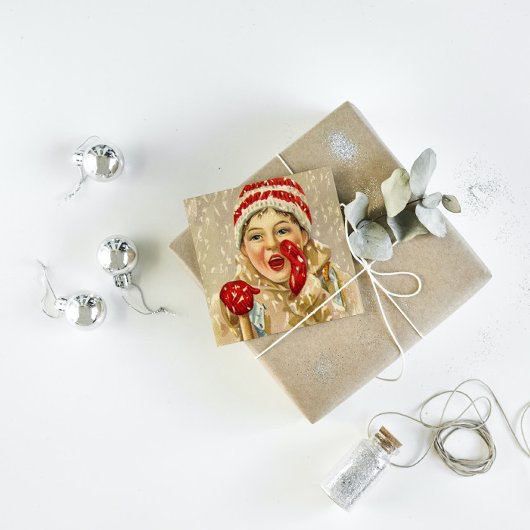  jongen in de sneeuw vierkante visitekaartje