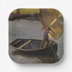 Jongen in een zeilboot op de rivier (door Magnus E Papieren Bordje