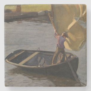 Jongen in een zeilboot op de rivier (door Magnus E Stenen Onderzetter